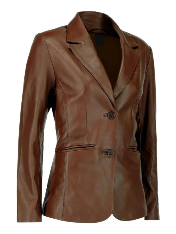 women-brown-leather-blazer-closeup-details