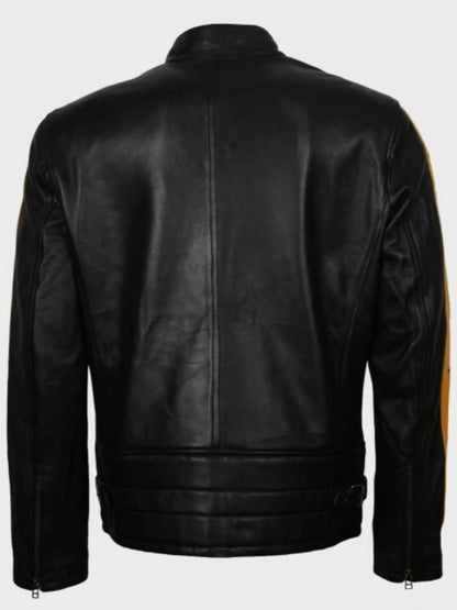 Back View of Mens Yellow Star Cafe Racer Black Leather Jacket