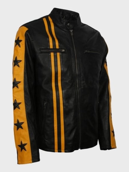Mens Yellow Star Stripes Cafe Racer Black Leather Jacket Side View