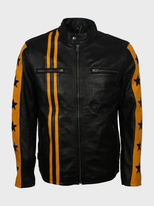 Mens Cafe Racer Yellow Star Black Leather Jacket Front View