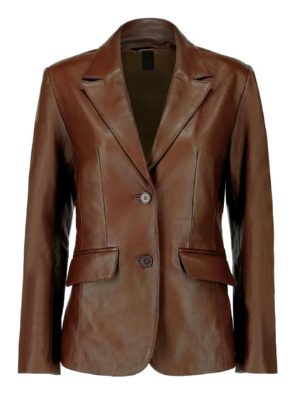 women-brown-leather-blazer-front-view